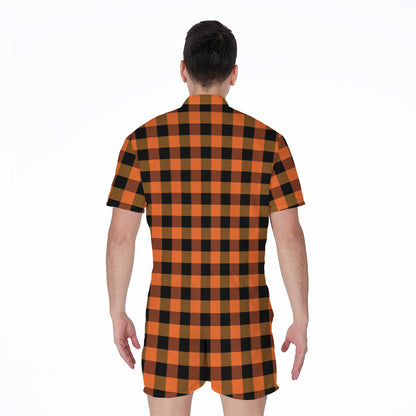 Orange And Black Buffalo Check Print Men's Rompers