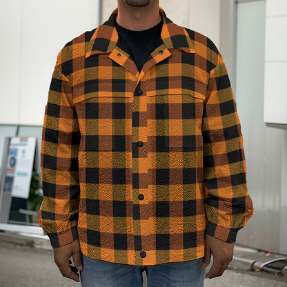 Orange And Black Buffalo Check Print Men's Shirt Jacket