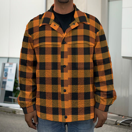 Orange And Black Buffalo Check Print Men's Shirt Jacket