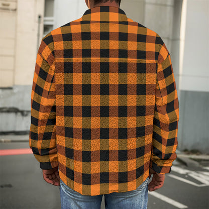 Orange And Black Buffalo Check Print Men's Shirt Jacket