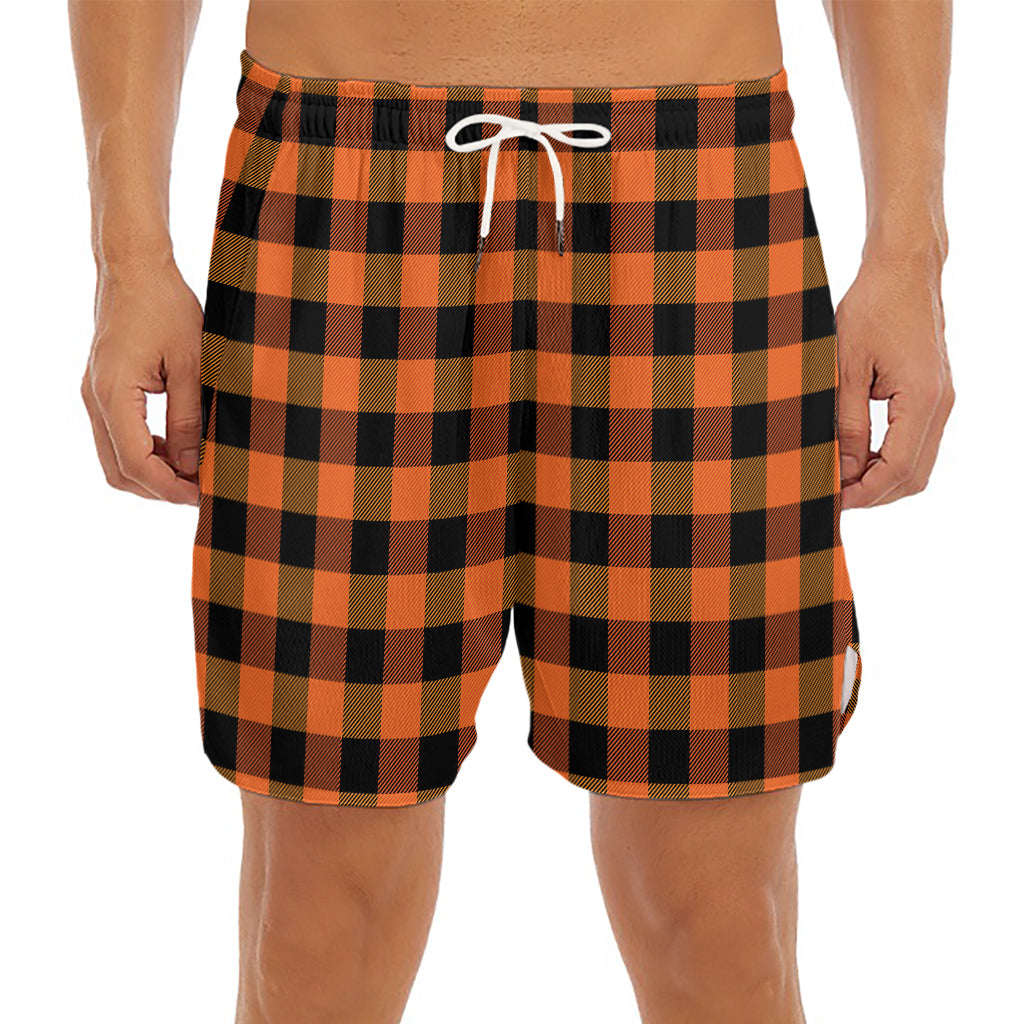 Orange And Black Buffalo Check Print Men's Split Running Shorts