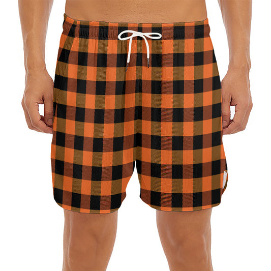 Orange And Black Buffalo Check Print Men's Split Running Shorts