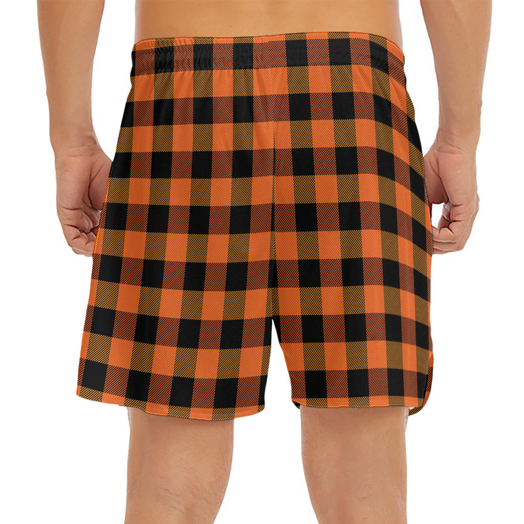 Orange And Black Buffalo Check Print Men's Split Running Shorts