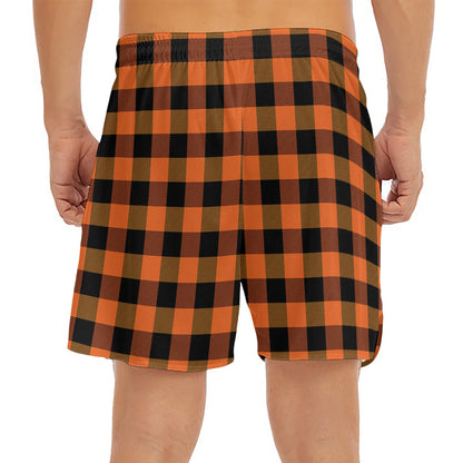 Orange And Black Buffalo Check Print Men's Split Running Shorts