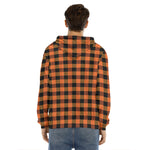 Orange And Black Buffalo Check Print Men's Velvet Pullover Hoodie