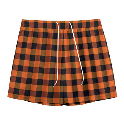 Orange And Black Buffalo Check Print Mesh Shorts