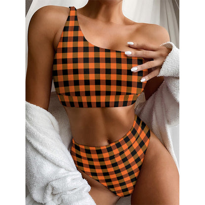 Orange And Black Buffalo Check Print One Shoulder Bikini Top