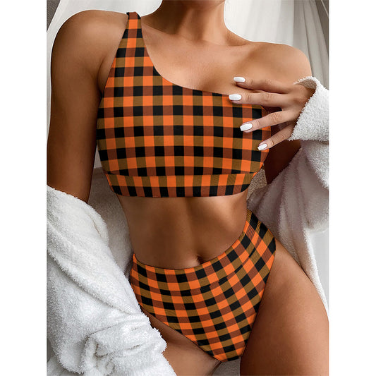 Orange And Black Buffalo Check Print One Shoulder Bikini Top