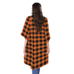 Orange And Black Buffalo Check Print Open Front Beach Cover Up