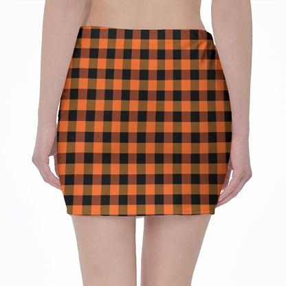 Orange And Black Buffalo Check Print Pencil Mini Skirt