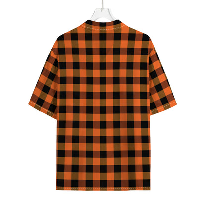 Orange And Black Buffalo Check Print Rayon Hawaiian Shirt