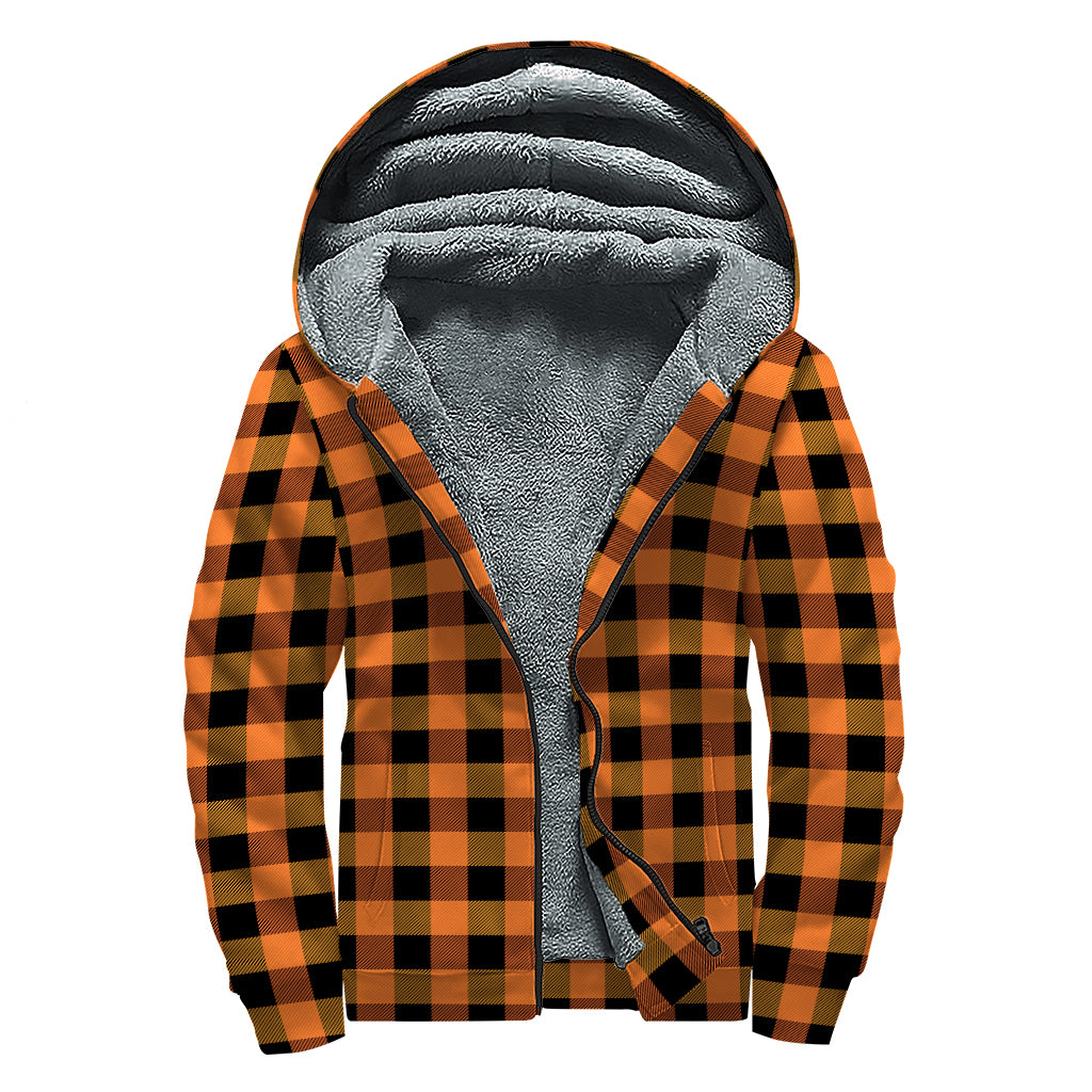 Orange And Black Buffalo Check Print Sherpa Lined Zip Up Hoodie