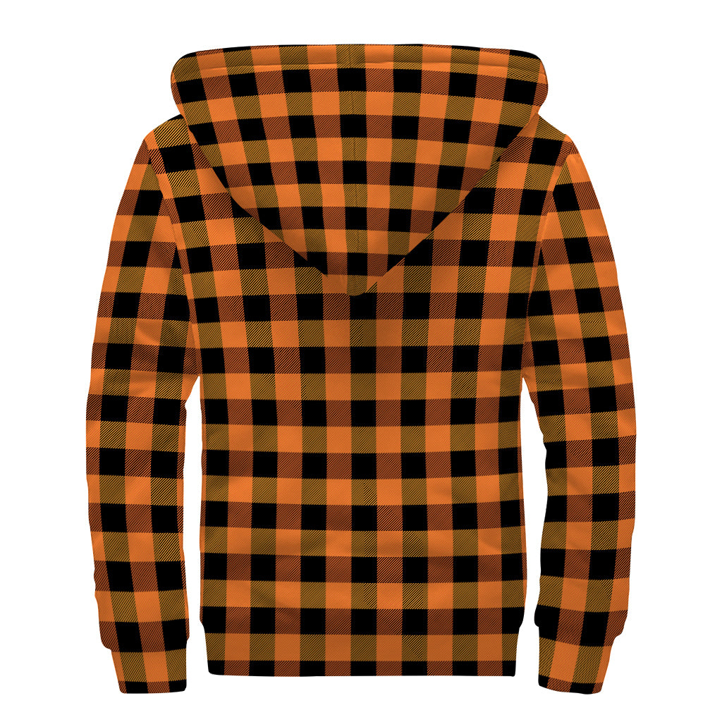 Orange And Black Buffalo Check Print Sherpa Lined Zip Up Hoodie