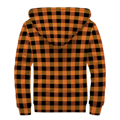Orange And Black Buffalo Check Print Sherpa Lined Zip Up Hoodie