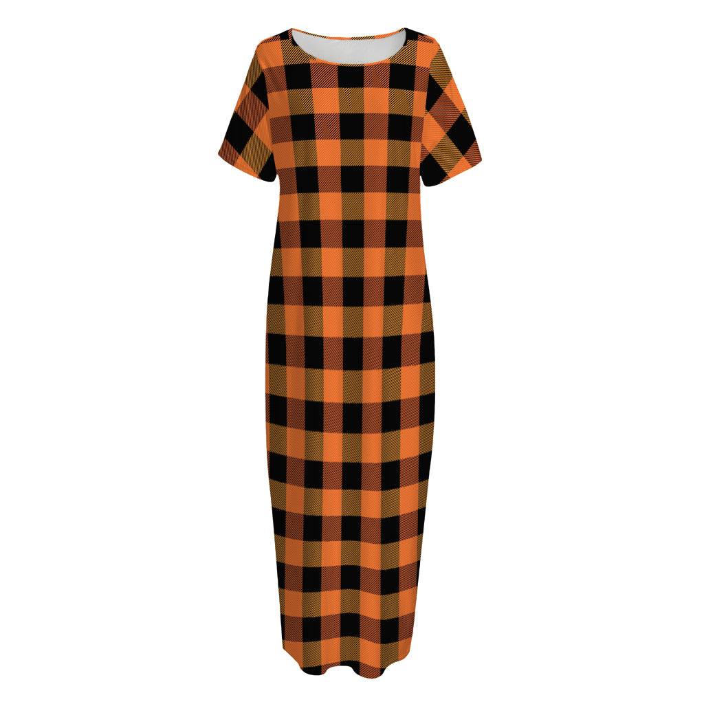 Orange And Black Buffalo Check Print Short Sleeve Long Nightdress