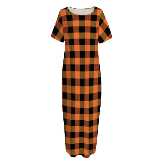 Orange And Black Buffalo Check Print Short Sleeve Long Nightdress
