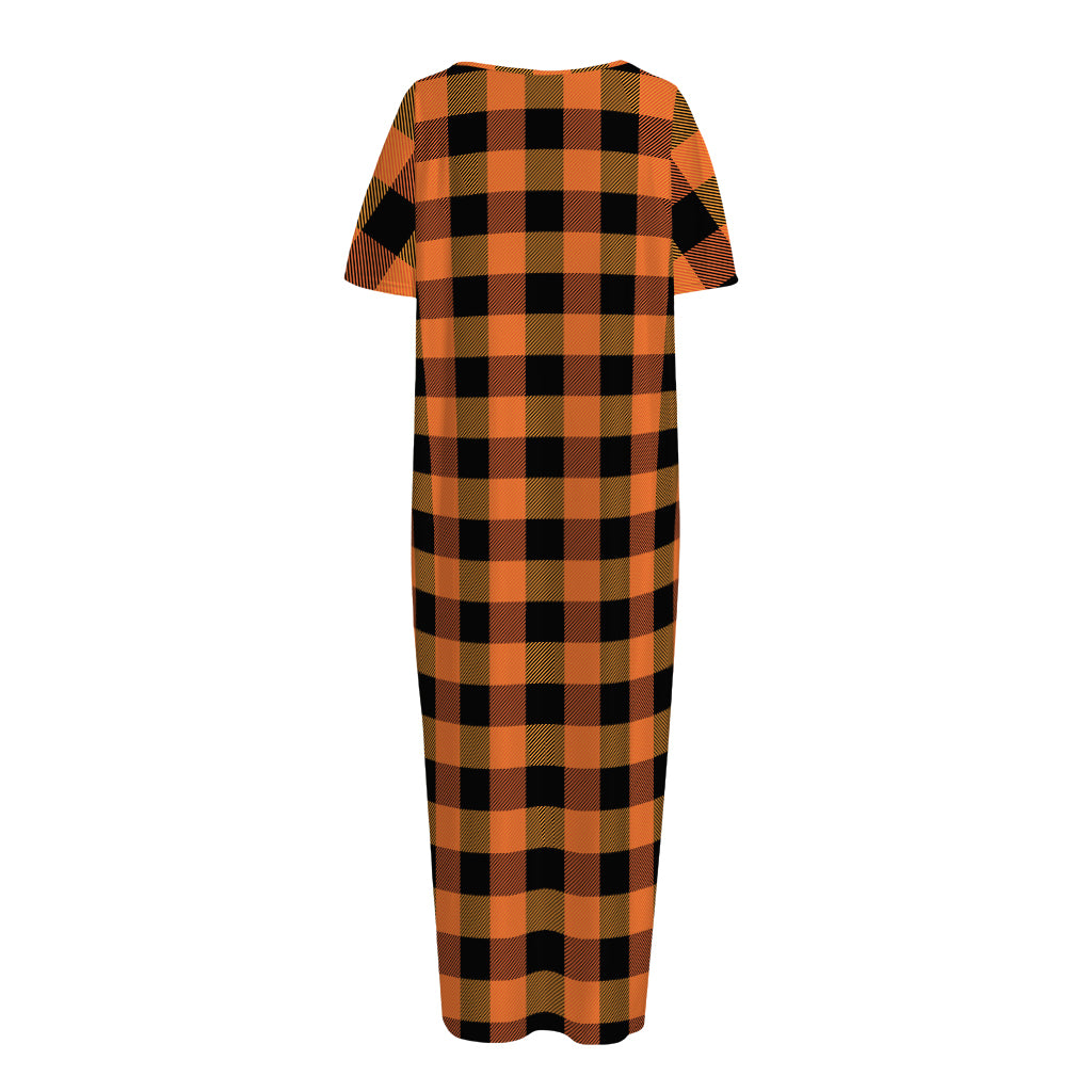 Orange And Black Buffalo Check Print Short Sleeve Long Nightdress