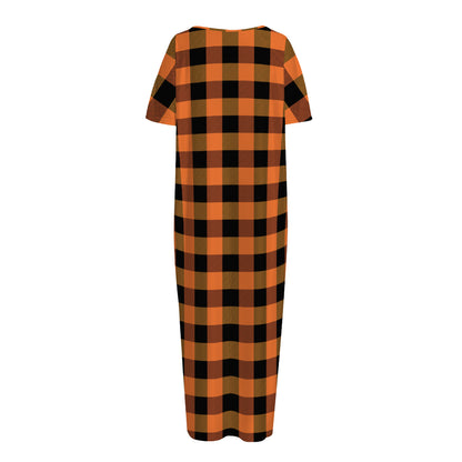 Orange And Black Buffalo Check Print Short Sleeve Long Nightdress