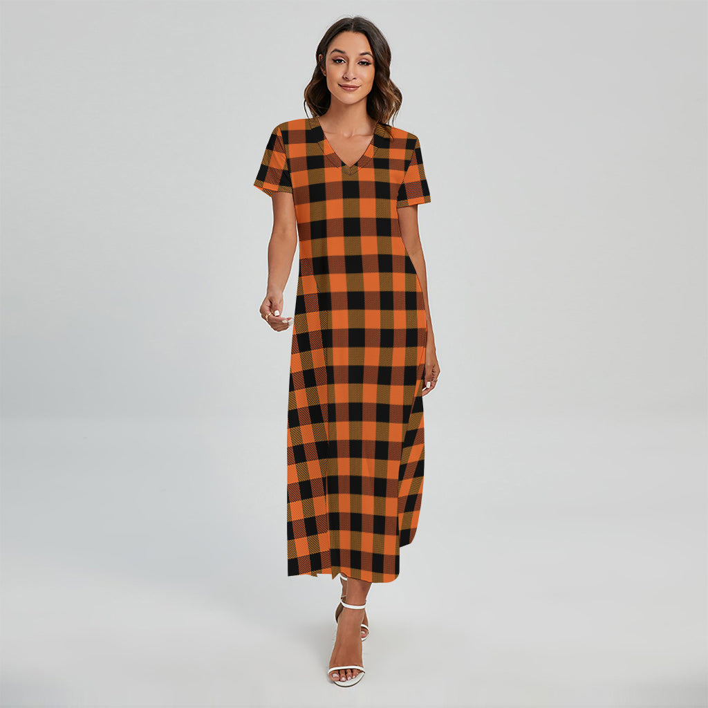 Orange And Black Buffalo Check Print Short Sleeve Maxi Dress