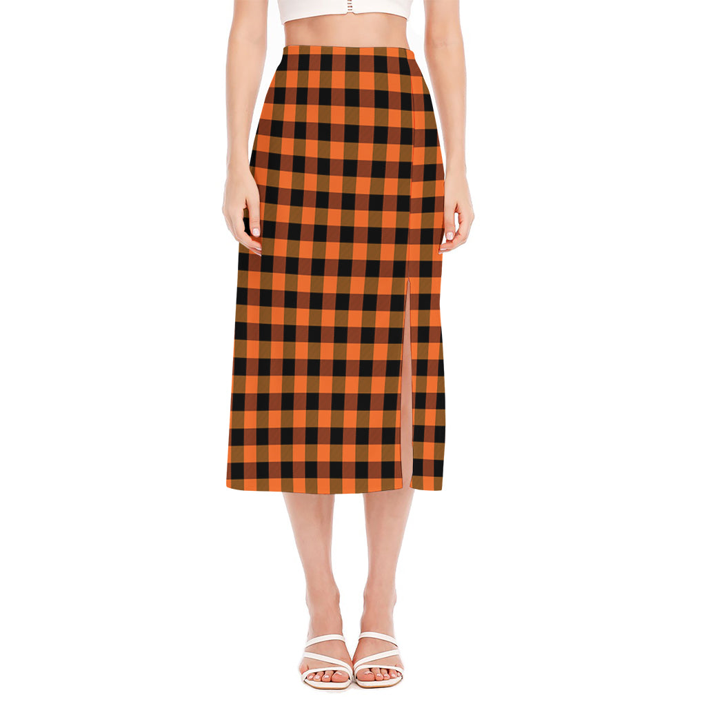 Orange And Black Buffalo Check Print Side Slit Midi Skirt