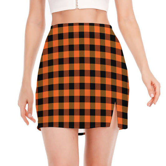 Orange And Black Buffalo Check Print Side Slit Mini Skirt