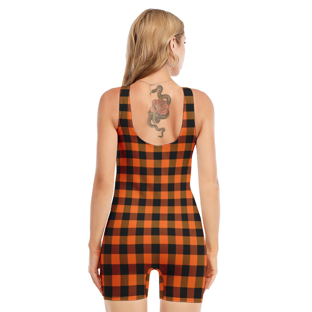 Orange And Black Buffalo Check Print Sleeveless One Piece Swimsuit