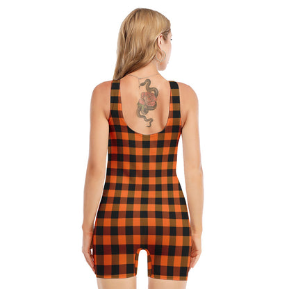 Orange And Black Buffalo Check Print Sleeveless One Piece Swimsuit