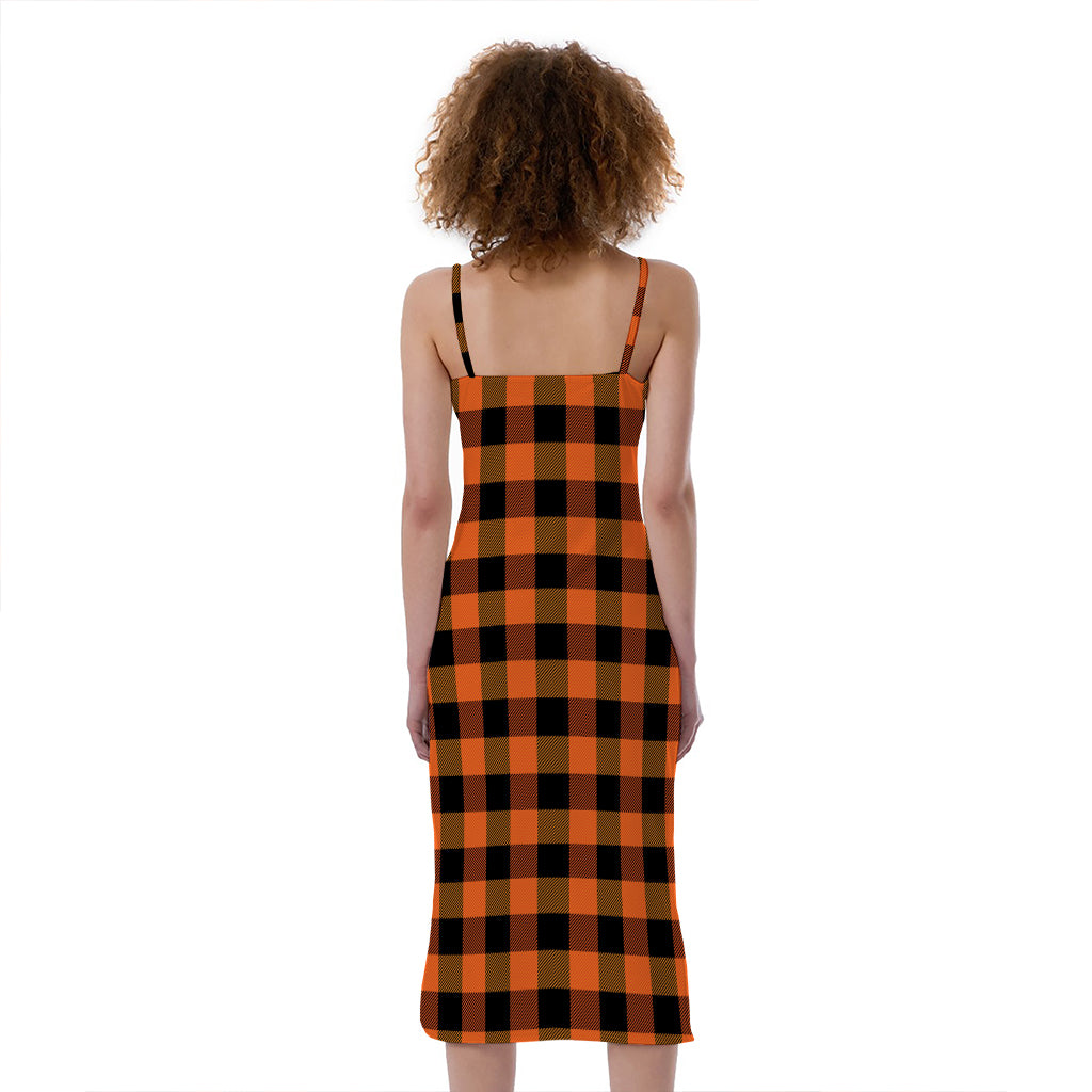 Orange And Black Buffalo Check Print Slim Fit Midi Cami Dress