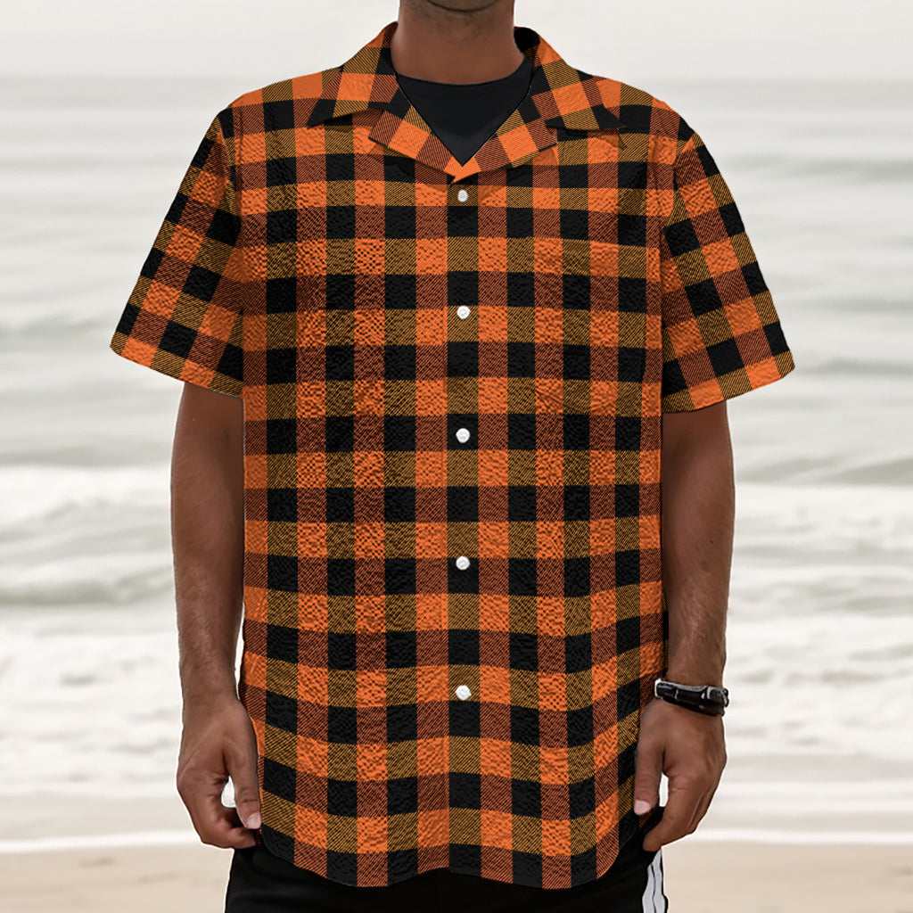 Orange And Black Buffalo Check Print Textured Short Sleeve Shirt