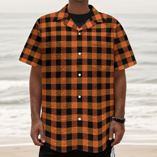 Orange And Black Buffalo Check Print Textured Short Sleeve Shirt