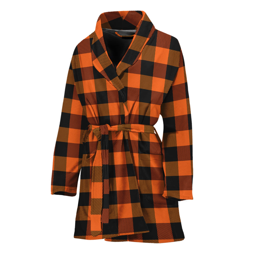 Orange And Black Buffalo Check Print Women's Bathrobe