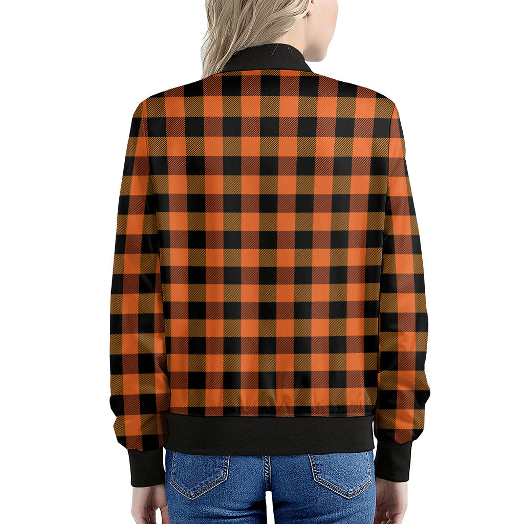Orange And Black Buffalo Check Print Women's Bomber Jacket