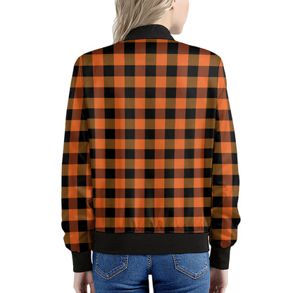 Orange And Black Buffalo Check Print Women's Bomber Jacket