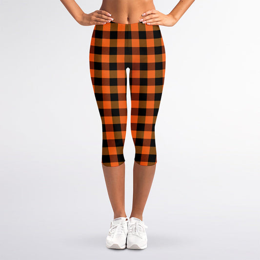Orange And Black Buffalo Check Print Women's Capri Leggings