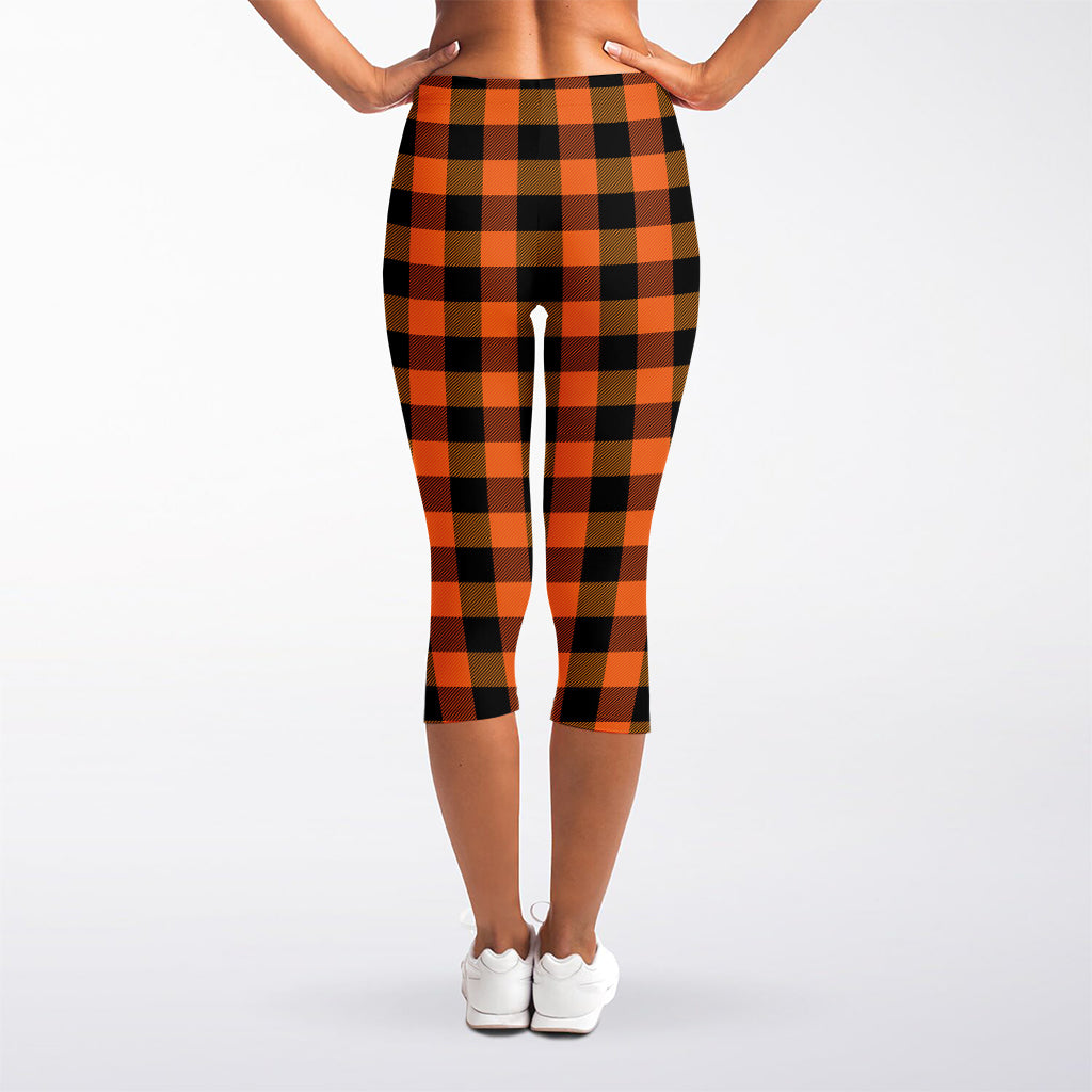 Orange And Black Buffalo Check Print Women's Capri Leggings