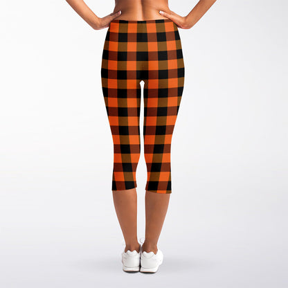 Orange And Black Buffalo Check Print Women's Capri Leggings