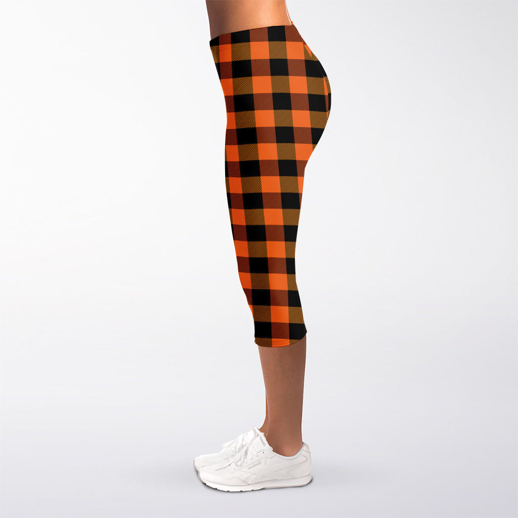 Orange And Black Buffalo Check Print Women's Capri Leggings