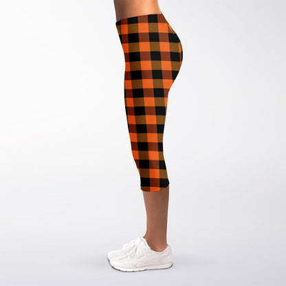 Orange And Black Buffalo Check Print Women's Capri Leggings