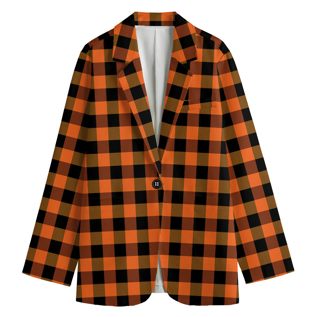 Orange And Black Buffalo Check Print Women's Cotton Blazer