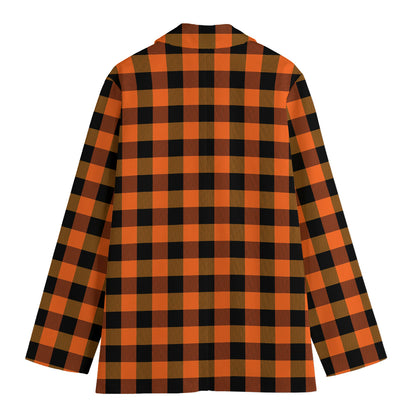 Orange And Black Buffalo Check Print Women's Cotton Blazer