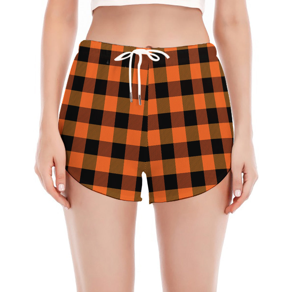 Orange And Black Buffalo Check Print Women's Split Running Shorts