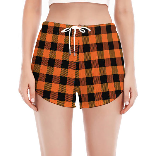 Orange And Black Buffalo Check Print Women's Split Running Shorts