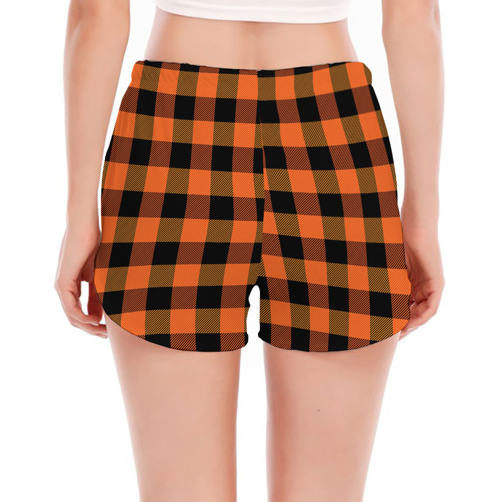Orange And Black Buffalo Check Print Women's Split Running Shorts