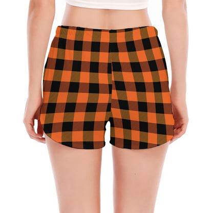 Orange And Black Buffalo Check Print Women's Split Running Shorts