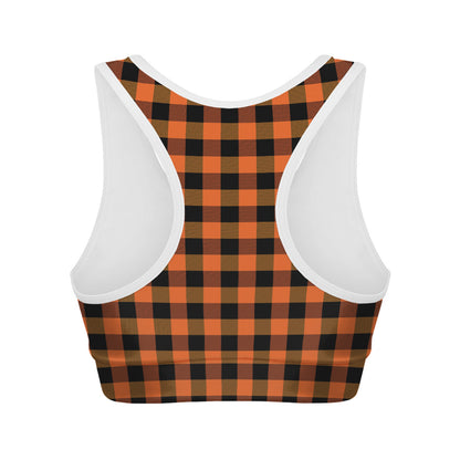 Orange And Black Buffalo Check Print Women's Sports Bra