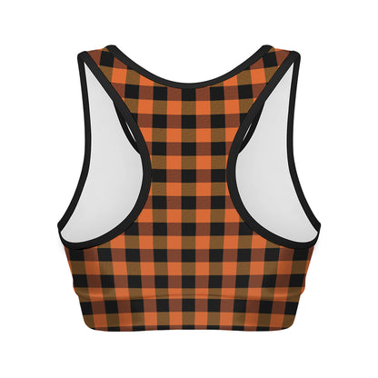 Orange And Black Buffalo Check Print Women's Sports Bra
