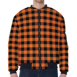 Orange And Black Buffalo Check Print Zip Sleeve Bomber Jacket