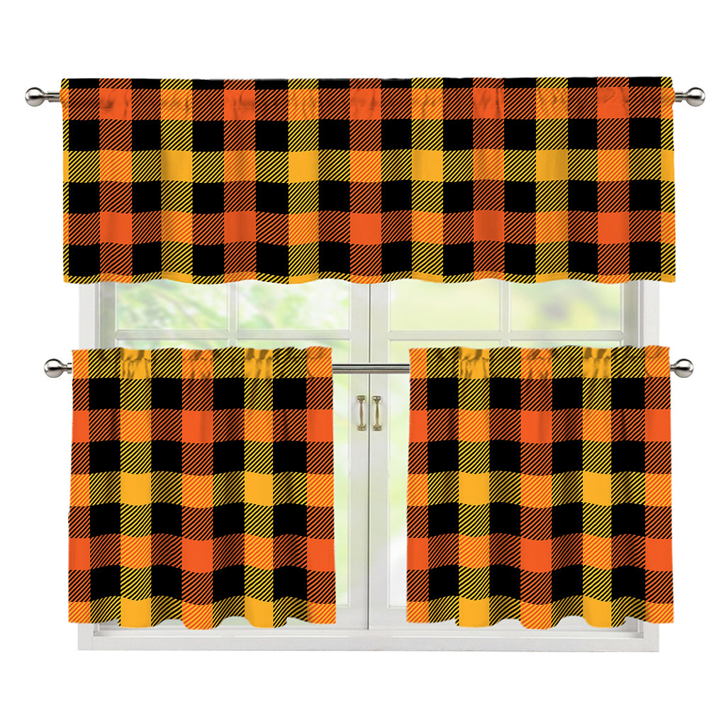 Orange And Black Buffalo Plaid Print 3 Piece Kitchen Curtains