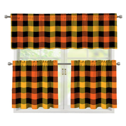 Orange And Black Buffalo Plaid Print 3 Piece Kitchen Curtains