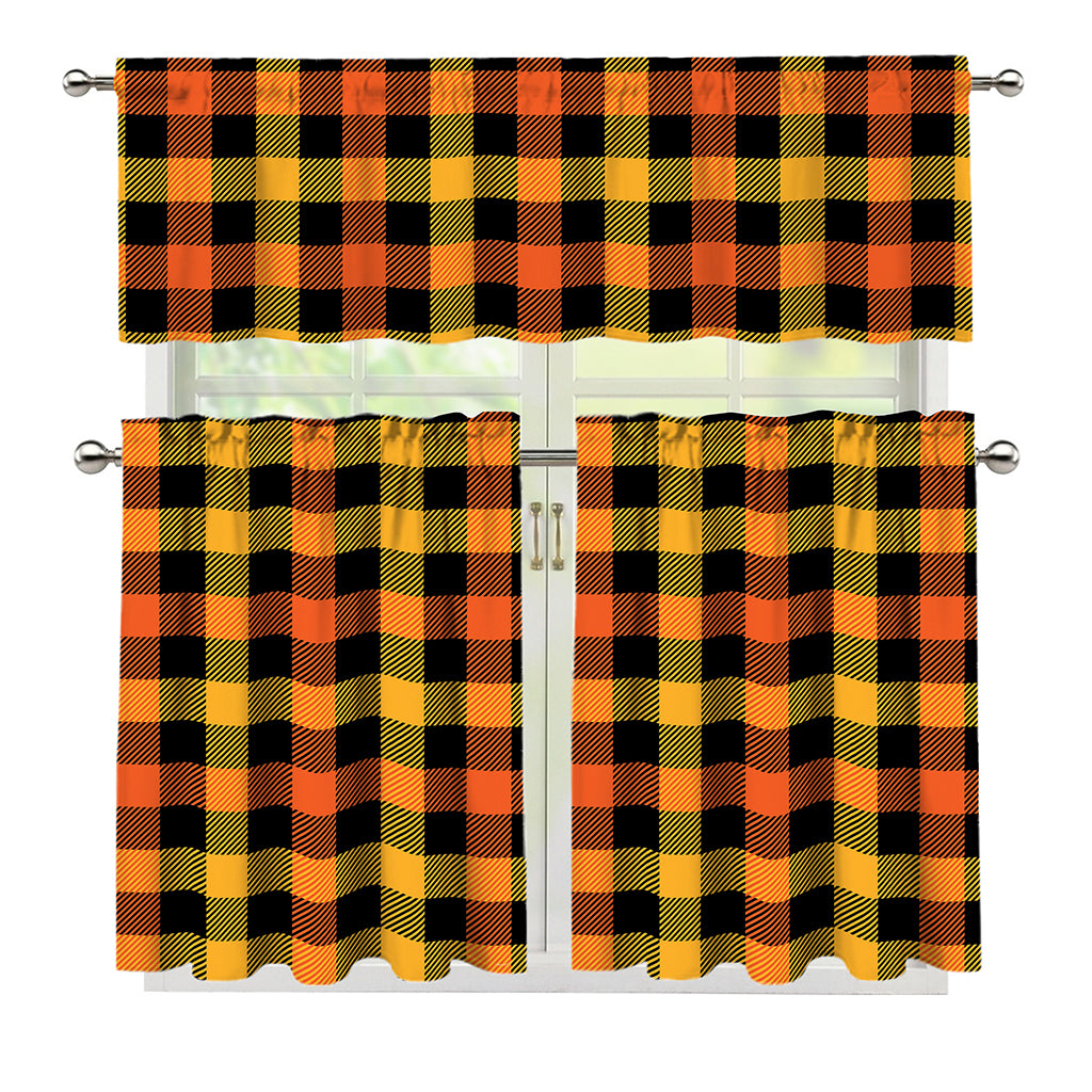Orange And Black Buffalo Plaid Print 3 Piece Kitchen Curtains